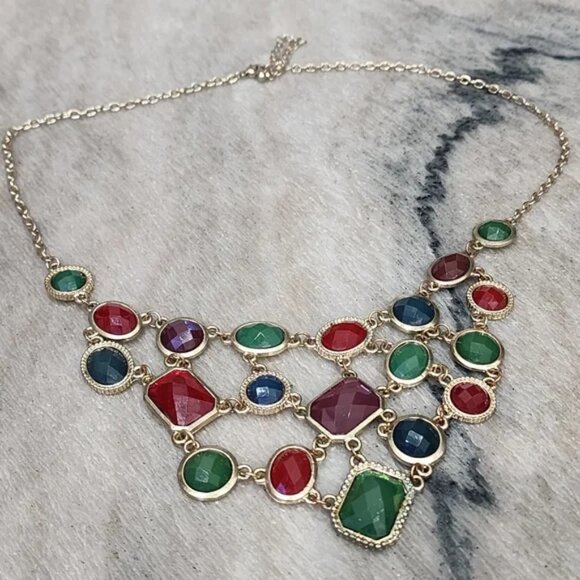 Colorful Statement Bib Necklace with Multi-Gemstone Design - Picture 1 of 5